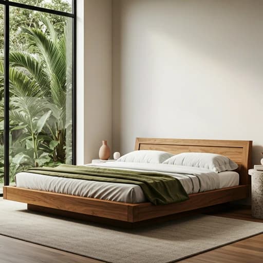 Natural timber bed with muted green bedding beside a tall garden-facing window, on a rug over timber flooring
