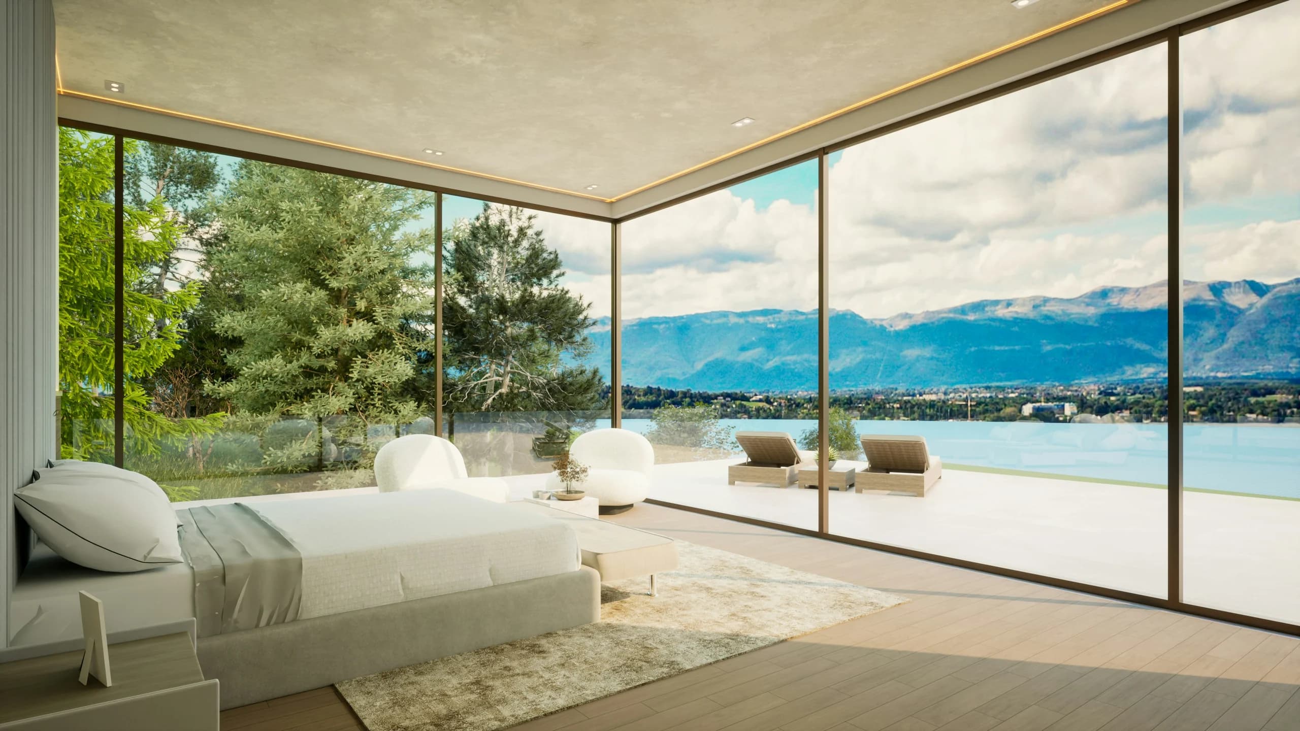 Pale bedroom with a low upholstered bed, large corner glass doors and windows, timber flooring and a wide landscape outlook
