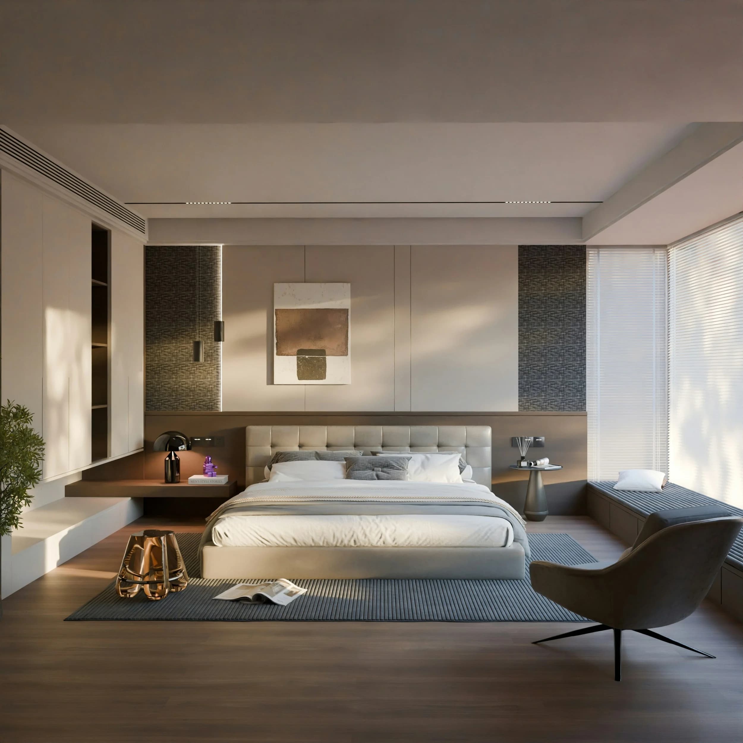 Front view of a neutral bedroom with an upholstered bed, fitted wardrobes on the left, a window seat on the right and textured wall panels