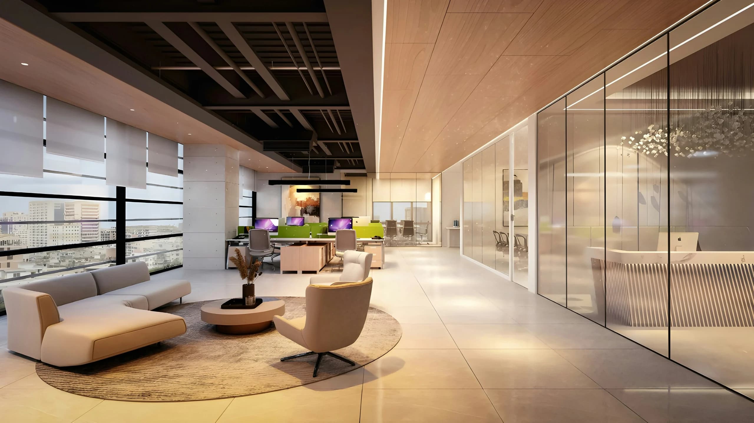 Bright office with lounge seating, shared desks, glazed meeting rooms, roller blinds and a timber-toned ceiling