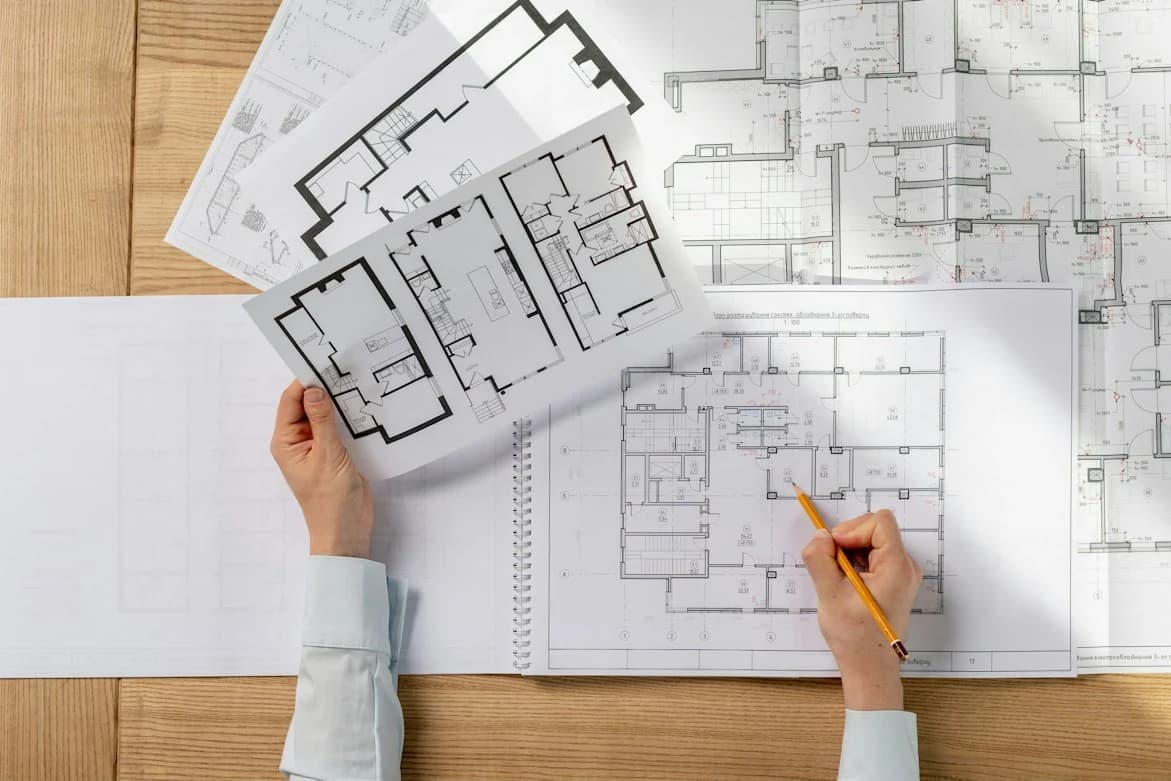 A person reviewing floor plans and measured drawings on a timber desk