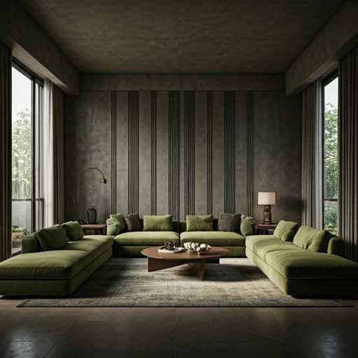 Olive green sectional seating around a low timber table, with textured wall panels and tall windows