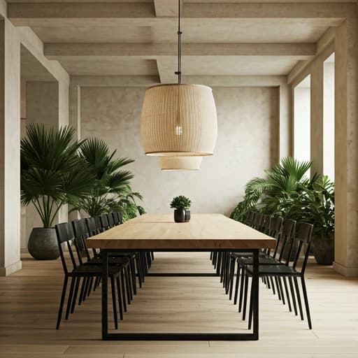 Long timber meeting table with black chairs, a cream woven pendant and planting along both sides