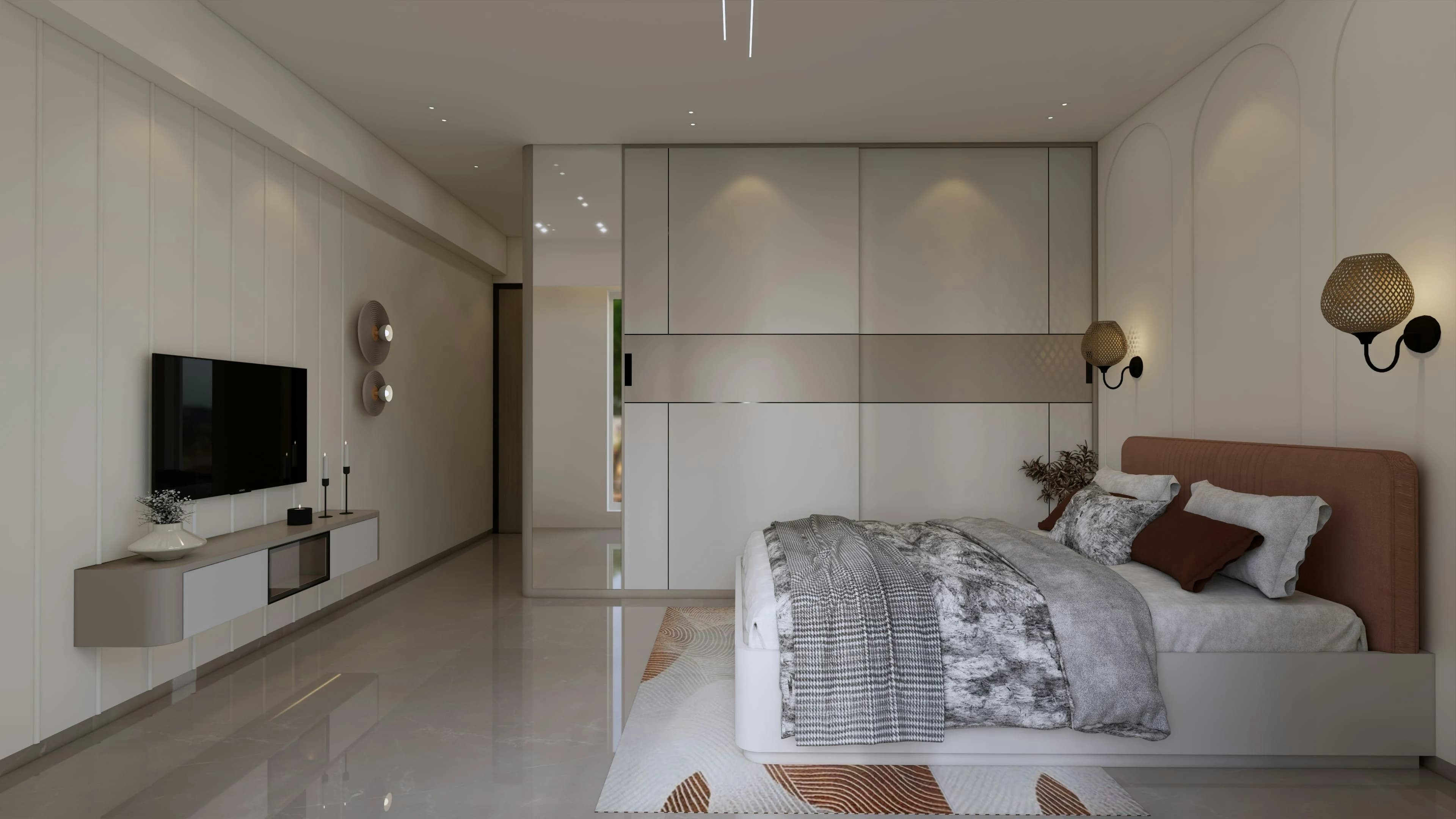 3D bedroom visualisation with a fitted wardrobe, upholstered bed, wall lights and coordinated finishes