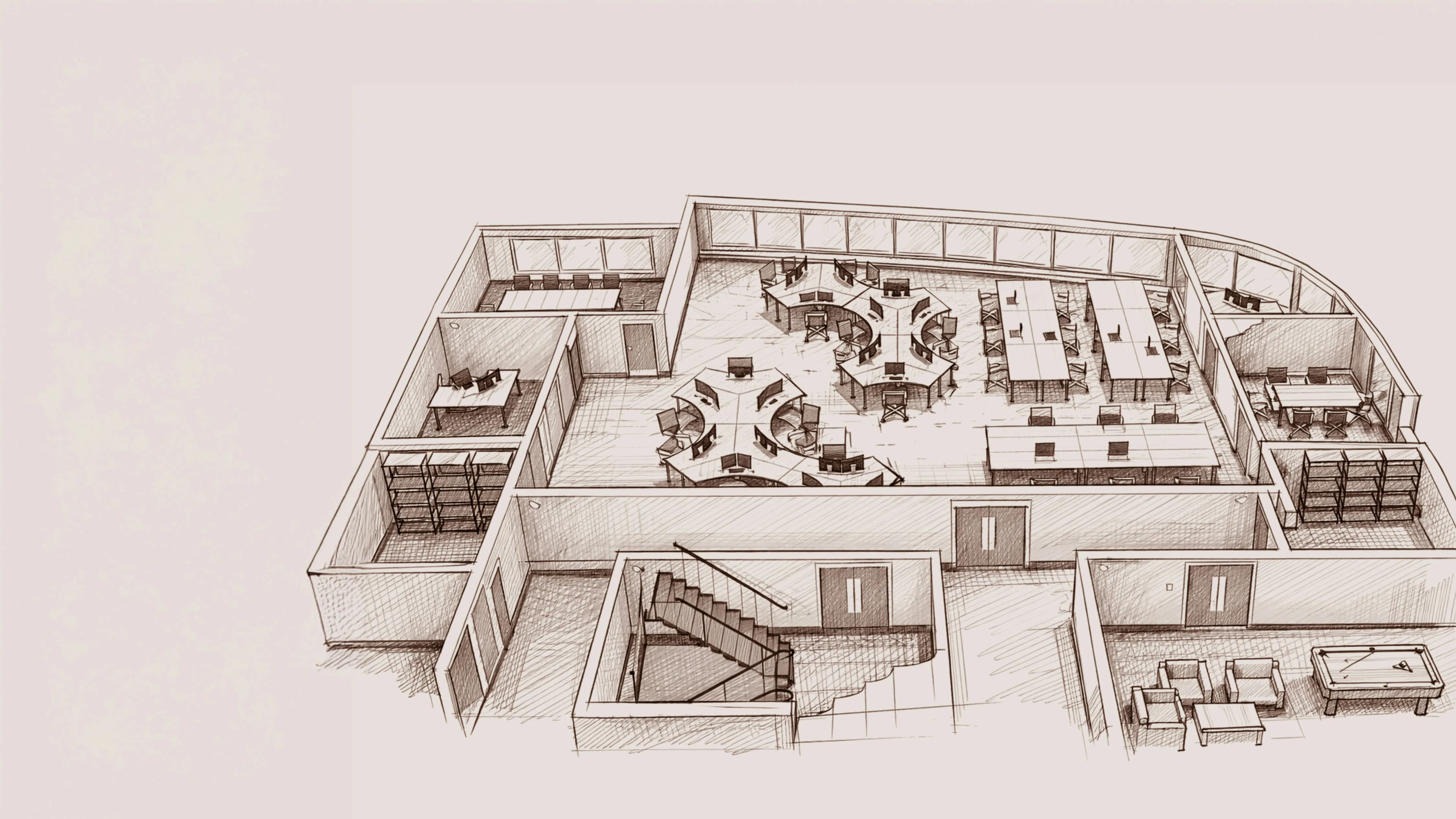 A sepia perspective sketch showing workspace layouts, desks, meeting rooms and a stair